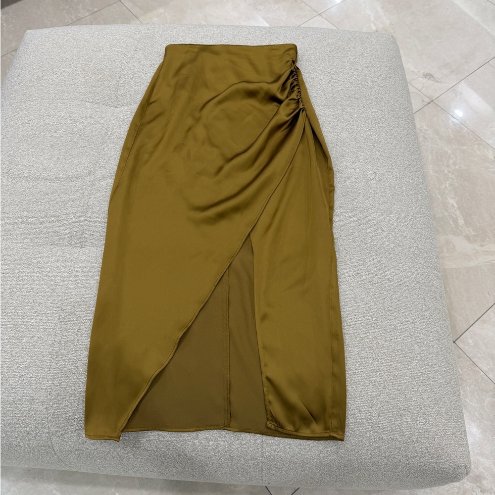 Zara Olive Green Satin Midi Skirt with Wrap Detail and Slit- Size small